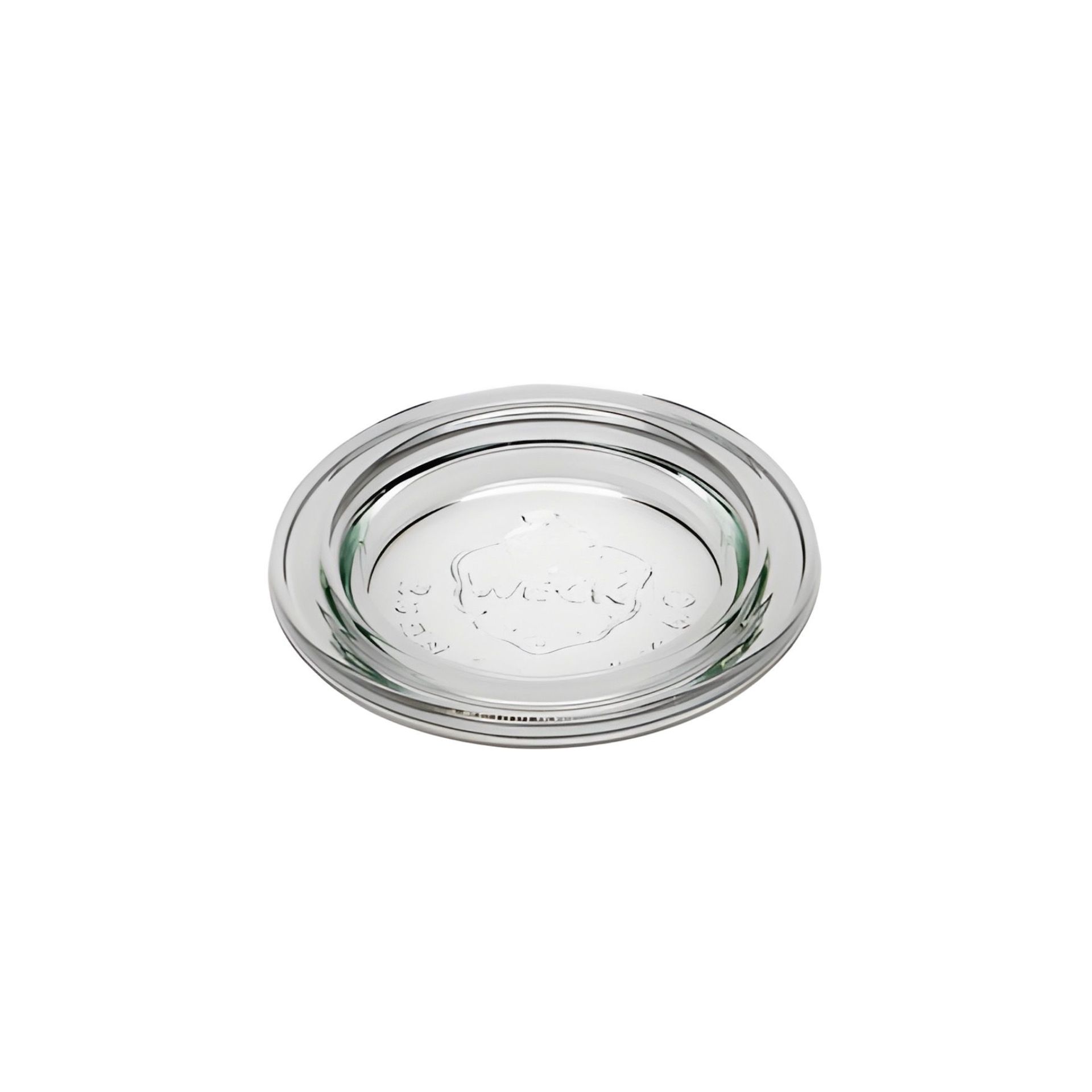 Transparenter Glasdeckel der Marke Weck mit 6 cm Durchmesser, passend für Rundrand 60, auf weißem Hintergrund.